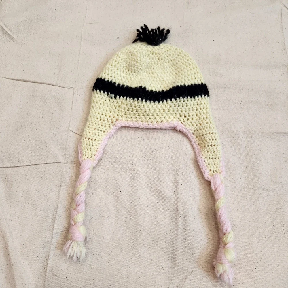 Handcrafted Minion Earflap Beanie Hat Braids Pink Bow Girls Kids Youth Handmade